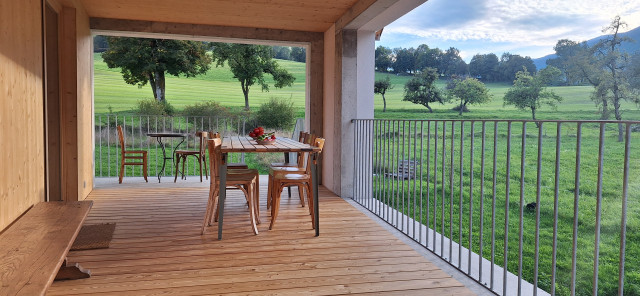 Grande terrasse ensoleillée avec table de repas et barbecue