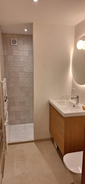 Douche à l'italienne, belle vasque avec grand miroir et toilettes