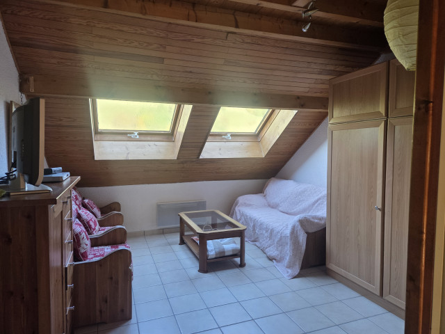 Espace salon avec un canapé lit et 3 fauteuils sous un velux
