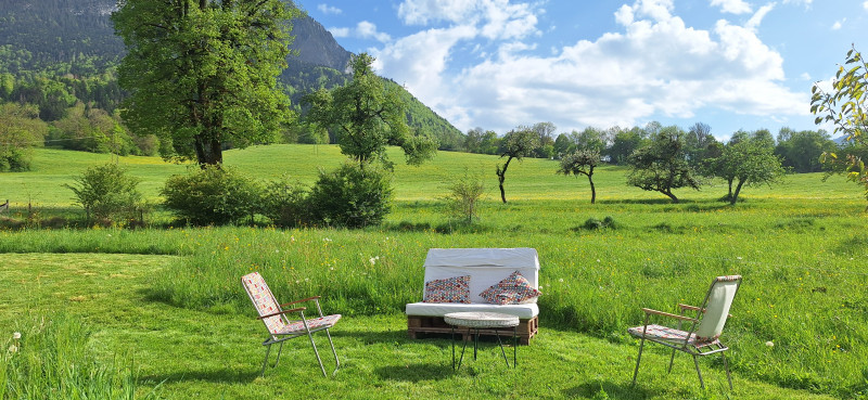 Grand jardin avec un banc et chaises de jardin Grand jardin avec un banc et chaises de jardin