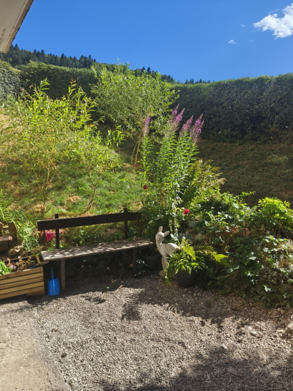 Autre vue sur le jardin fleuri et le banc en bois