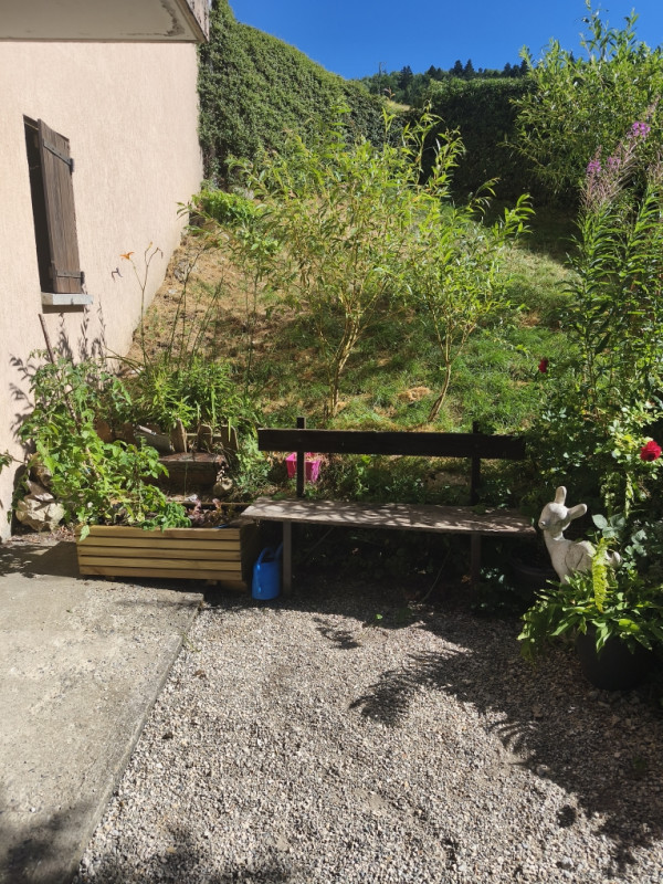Espace jardin ensoleillé, fleuri et verdoyant avec un banc